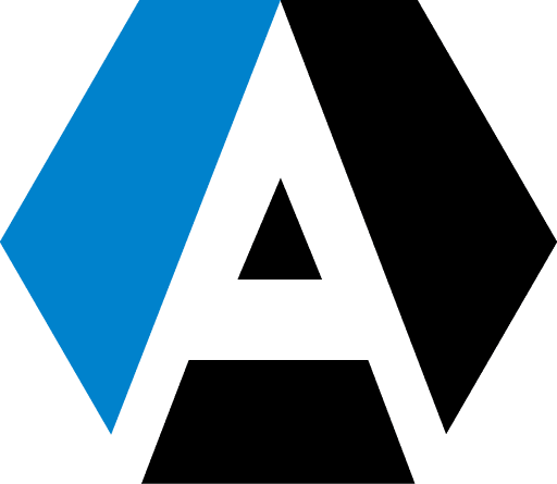 Stylized letter "A" logo in blue, black, and white geometric shapes.