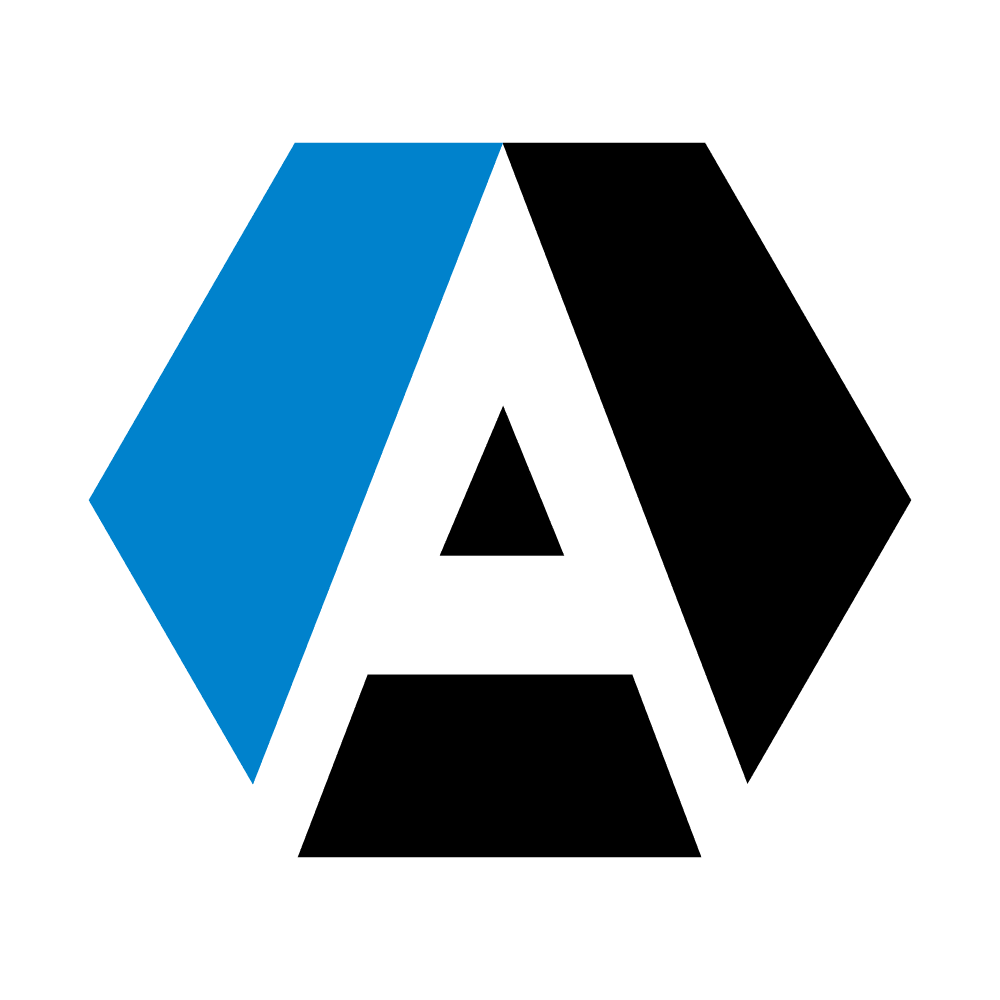 Logo featuring a stylized blue parallelogram with thin horizontal lines, adjacent to the black text "ANA.
