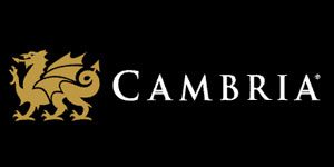 Cambria logo with a stylized gold dragon to the left of the word "CAMBRIA" in white capital letters on a black background.
